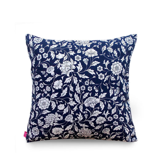 Indigo Kalamkari Cotton Cushion Cover – White Floral Print | Reversible | 4 Sizes