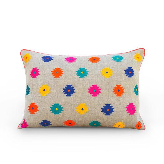 Folk Kilim Booti Embroidered Linen Cushion Cover – Multicolour | 14×21" & 20×20" | Vliving