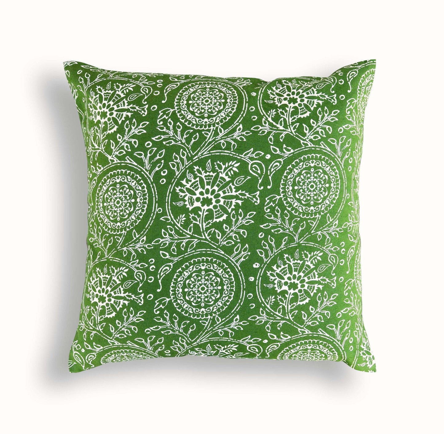 Green Kalamkari Print Throw Pillow Cover Tropical Cotton Duck