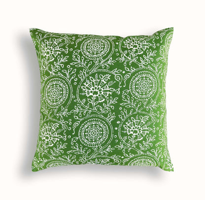 Green Kalamkari Print Throw Pillow Cover Tropical Cotton Duck