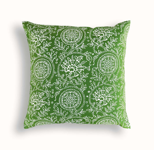 Green Kalamkari Print Throw Pillow Cover Tropical Cotton Duck