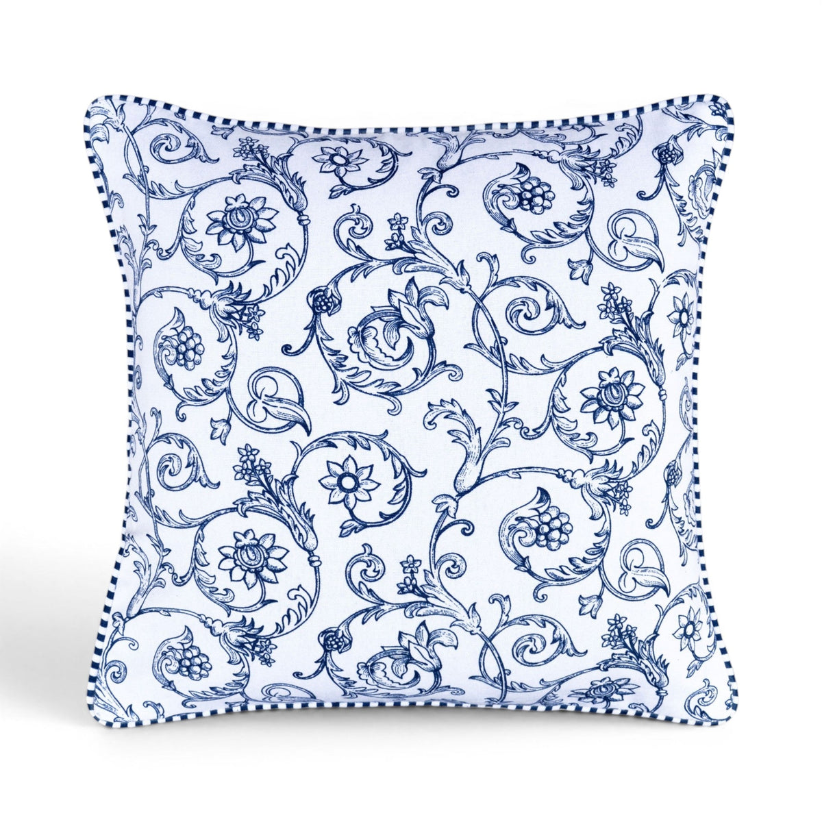 Blue & White Victorian Swirl Print Cotton Cushion Cover | Welted | Zip Closure | 4 Sizes
