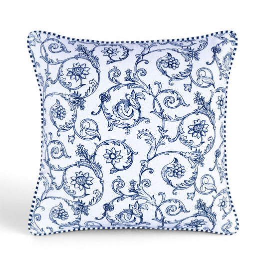 Blue & White Victorian Swirl Print Cotton Cushion Cover | Welted | Zip Closure | 4 Sizes