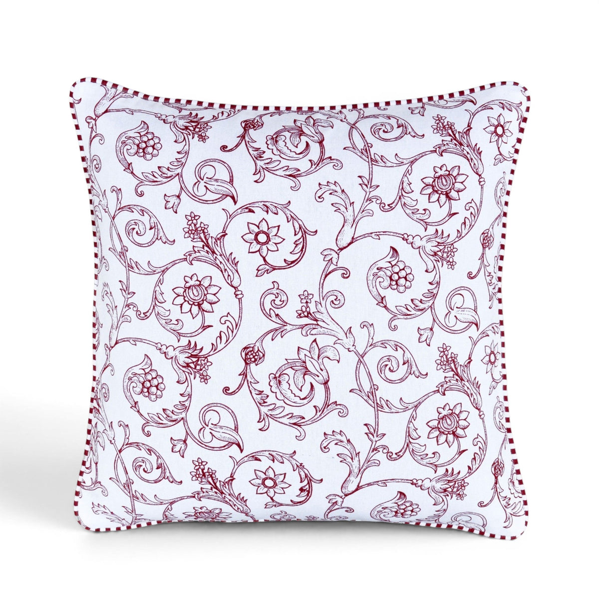 Red & White Victorian Swirl Print Cotton Cushion Cover | Welted | Zip Closure | 16×16"