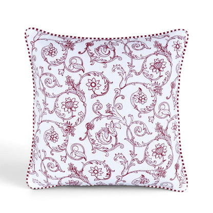 Red & White Victorian Swirl Print Cotton Cushion Cover | Welted | Zip Closure | 16×16"