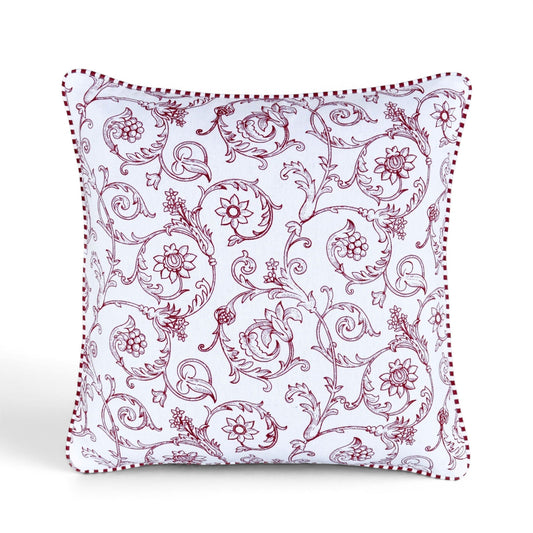 Red & White Victorian Swirl Print Cotton Cushion Cover | Welted | Zip Closure | 16×16"