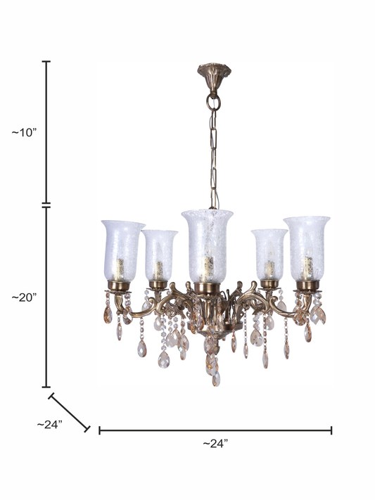 Transitional 5-Lights Cast Brass Chandelier With Floral Etched Glass Shades dimensions