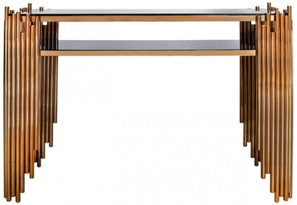 Handcrafted Gold Plated Stainless Steel Industrial Console Table with Black Duco Drawers