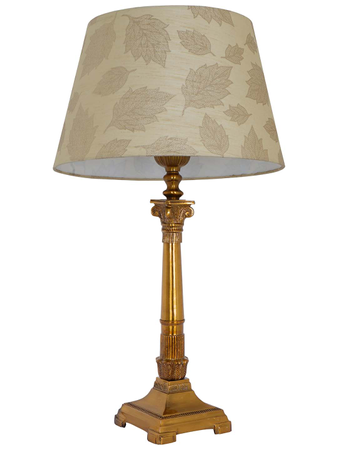Antique Gold Finish Roman Corinthian 26 Inch Single Aluminium Column Table Lamp Light With 14 Inch Gold leaf pattern Tapered Fabric Shade