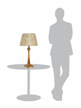 Antique Gold Finish Roman Corinthian 26 Inch Single Aluminium Column Table Lamp Light With 14 Inch Gold leaf pattern Tapered Fabric Shade