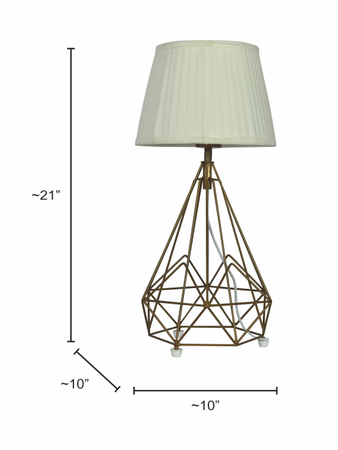 Contemporary Metal Wire Cage Diamond Pyramid Table Lamp with Golden Fabric Shade