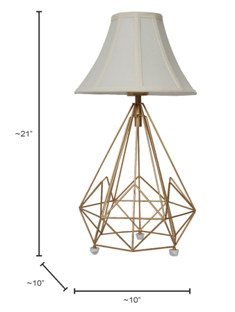 Golden Metal Wire Cage Diamond Pyramid Bedside Table Lamp with Off-white Fabric Bell Shade