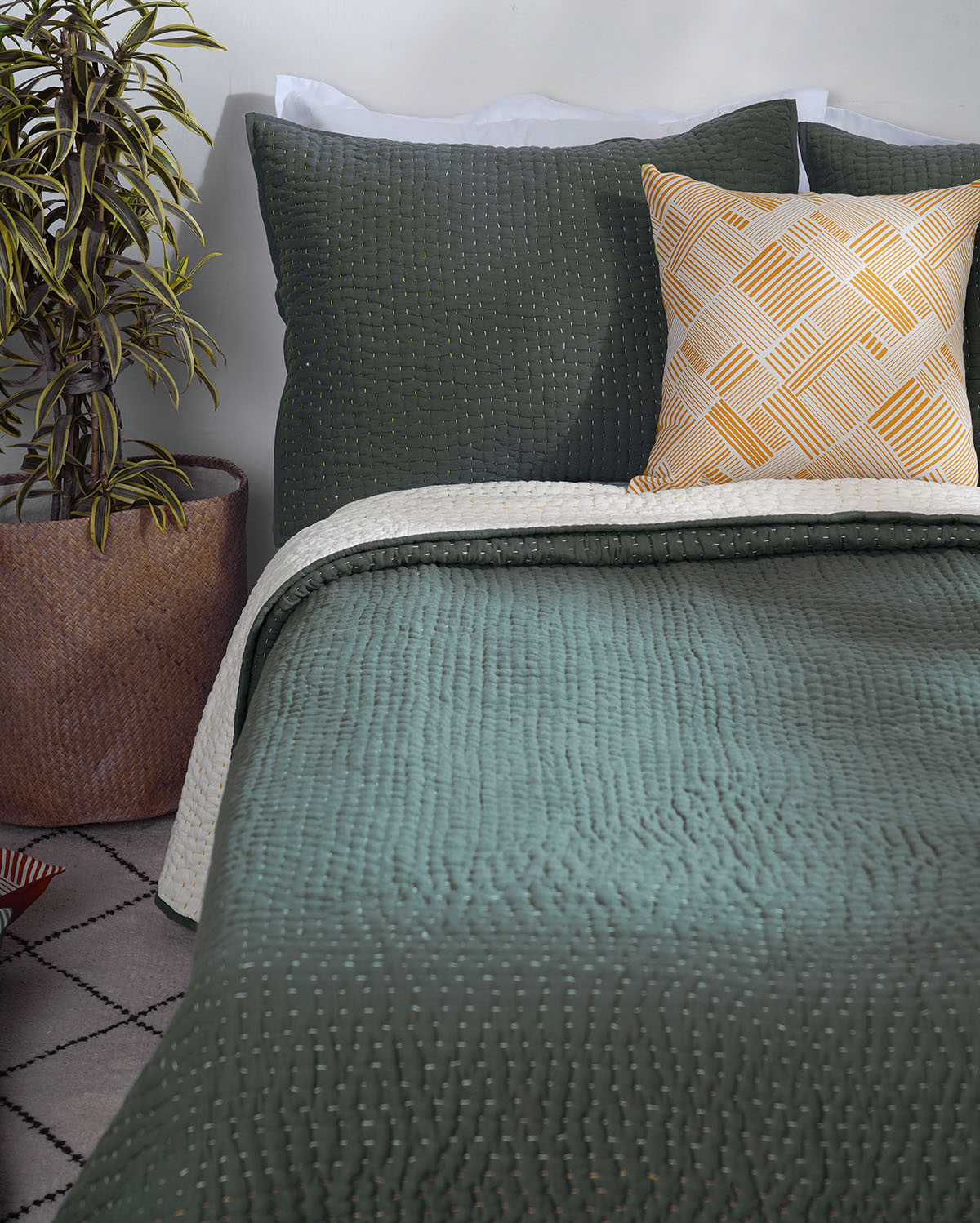 Olive Green kantha bedspread, frame pattern hand quilting on 4 layer muslin gauze with cotton wadding, Sizes available