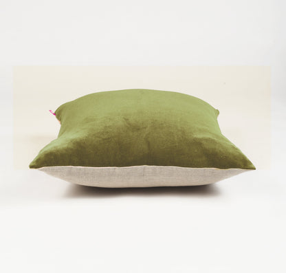 Olive Green Cotton Velvet & Linen Reversible Cushion Cover – 3 Sizes | 16", 18" & 20"