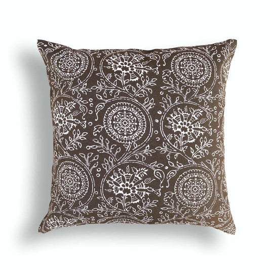 Elegant Brown Kalamkari Print Cotton Throw Pillow Cover – 24x24