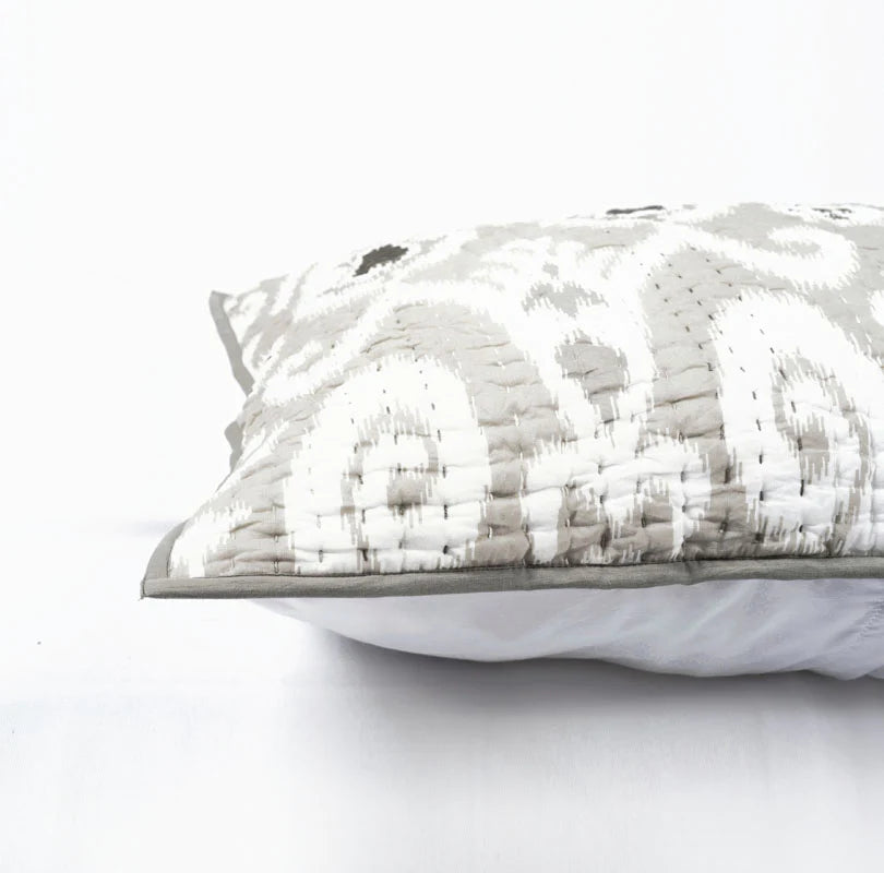 Grey ikat cotton kantha quilted pillow cover, sizes available