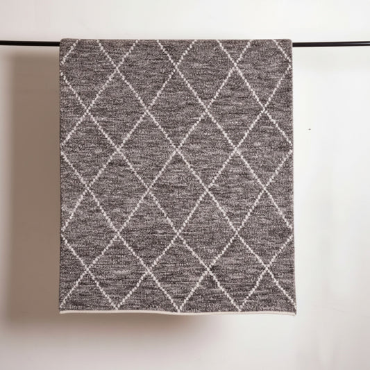 Moroccan Hand Tufted Wool Blend Carpet | Diamond Pattern | Grey, White & Rust | 3 Sizes