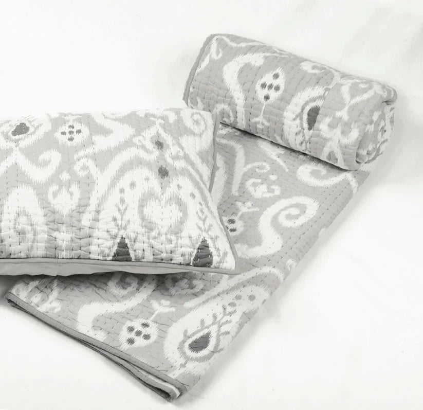 Grey ikat cotton kantha quilted pillow cover, sizes available