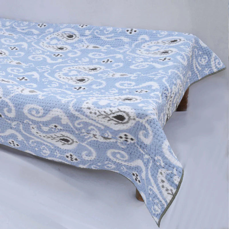 Quilted bedspread, ikat print Blue colour cotton quilt, sizes available