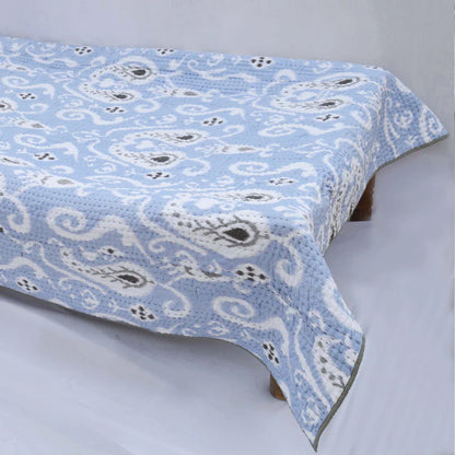 Quilted bedspread, ikat print Blue colour cotton quilt, sizes available