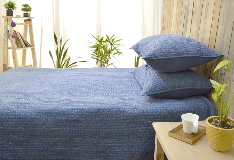 Denim blue stonewashed cotton kantha quilt set, Sizes available