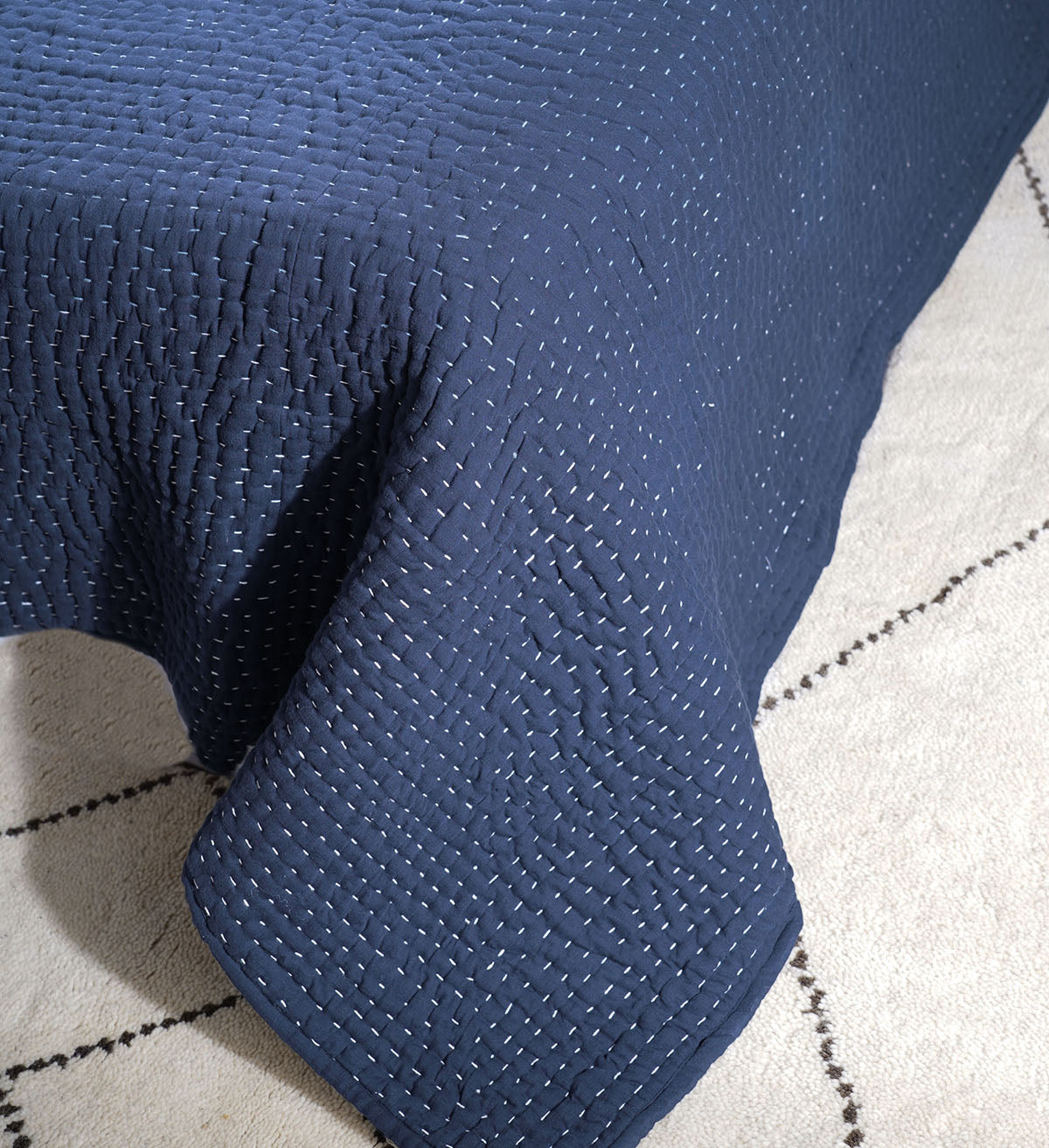 Indigo Blue kantha bedspread, frame pattern hand quilting on 4 layer muslin gauze with cotton wadding, Sizes available