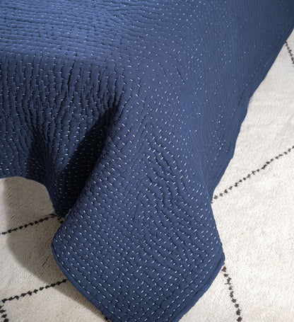 Indigo Blue kantha bedspread, frame pattern hand quilting on 4 layer muslin gauze with cotton wadding, Sizes available