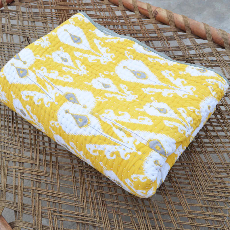 Quilted bedspread, ikat print yellow colour cotton quilt, Sizes available