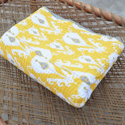Quilted bedspread, ikat print yellow colour cotton quilt, Sizes available