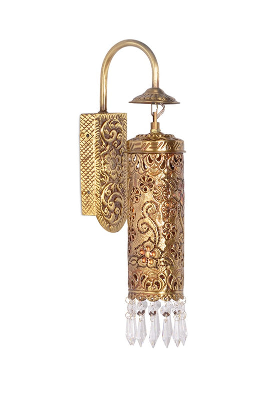 Hand Carved Brass & Crystal Cylinder Sconce without background