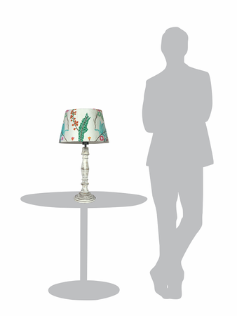 French Farmhouse Distressed White Wooden Table Lamp with Embroidered White Tapered Fabric Shade