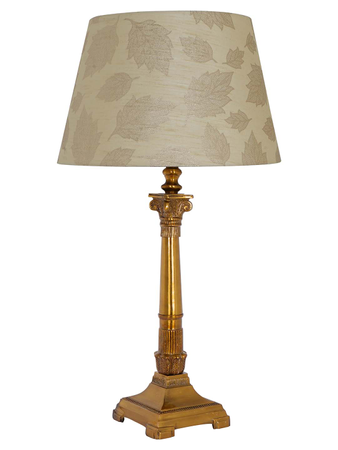 Antique Gold Finish Roman Corinthian 26 Inch Single Aluminium Column Table Lamp Light With 14 Inch Gold leaf pattern Tapered Fabric Shade