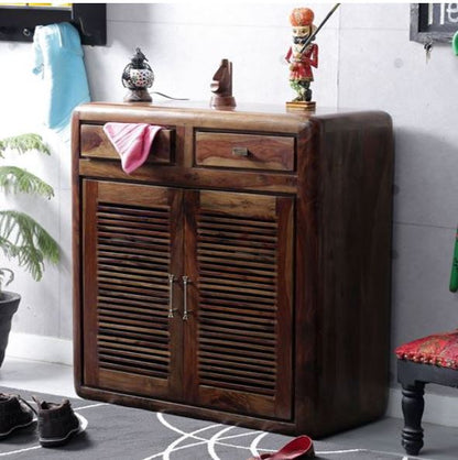 Wooden Shoe rack with 2 Drawers & 2 Door with Wooden Strip designs