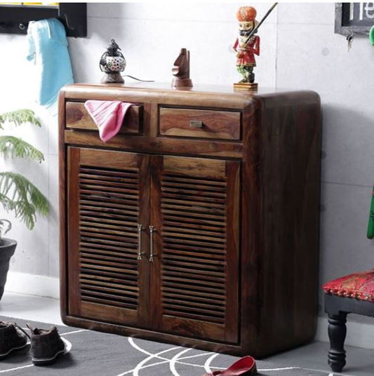 Wooden Shoe rack with 2 Drawers & 2 Door with Wooden Strip designs