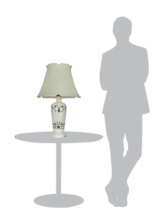 Multicolored Floral Inlay Marble Jar Table Lamp With 16inch Off White Scalloped Borders Fabric Shade