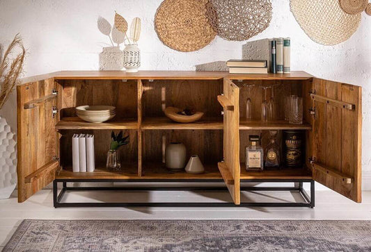 Sideboard with open doors showing internal shelves and space