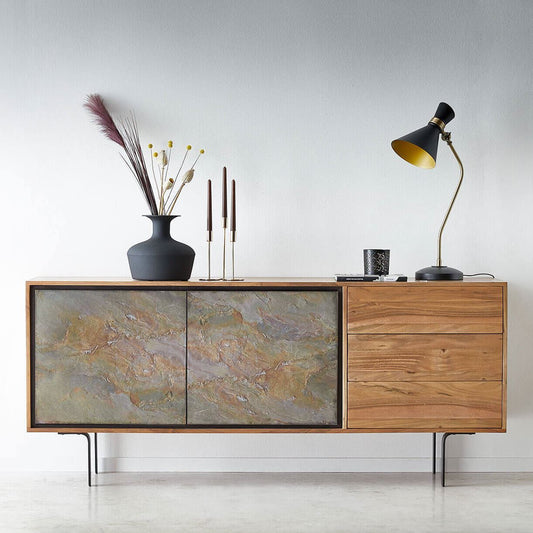 Cabinet made in solid acacia wood with 2 doors and 3 drawers, it is easy to use and store things and has a long life. It has simply designed for use as living room furniture, bedroom furniture home. 