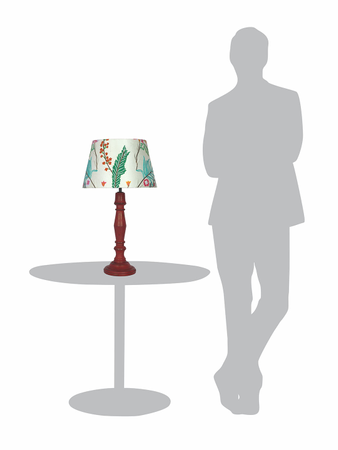 French Farmhouse Distressed Red Wooden Table Lamp with Embroidered White Tapered Fabric Shade