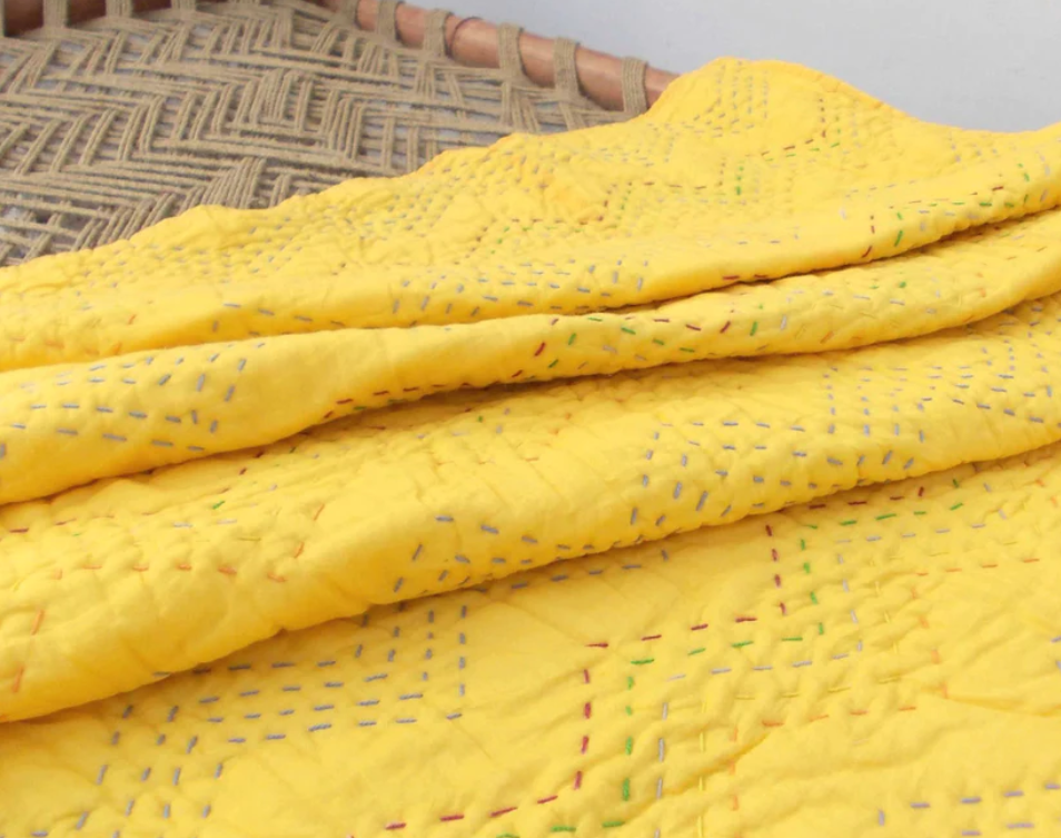 Yellow Kantha quilt - chevron pattern quilting