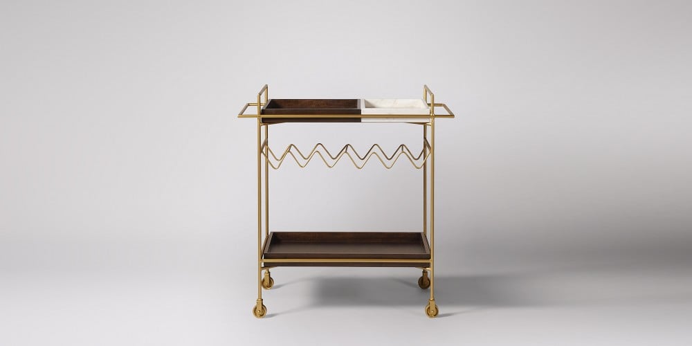 Hailey Industrial-Style Marble & Wood Gold Finish Bar Trolley