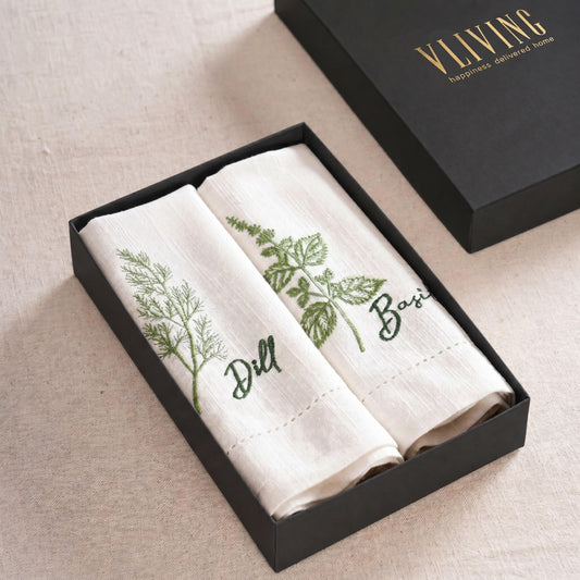 Herb Embroidered Linen-Cotton Napkins | Botanical Collection | 18 × 18 inches | Sets of 2, 4 & 6