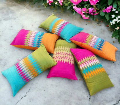 Ikat Silk Dupion Cushion Cover – Lime Green & Turquoise with Multicolour Ikat Embroidery | 4 Sizes
