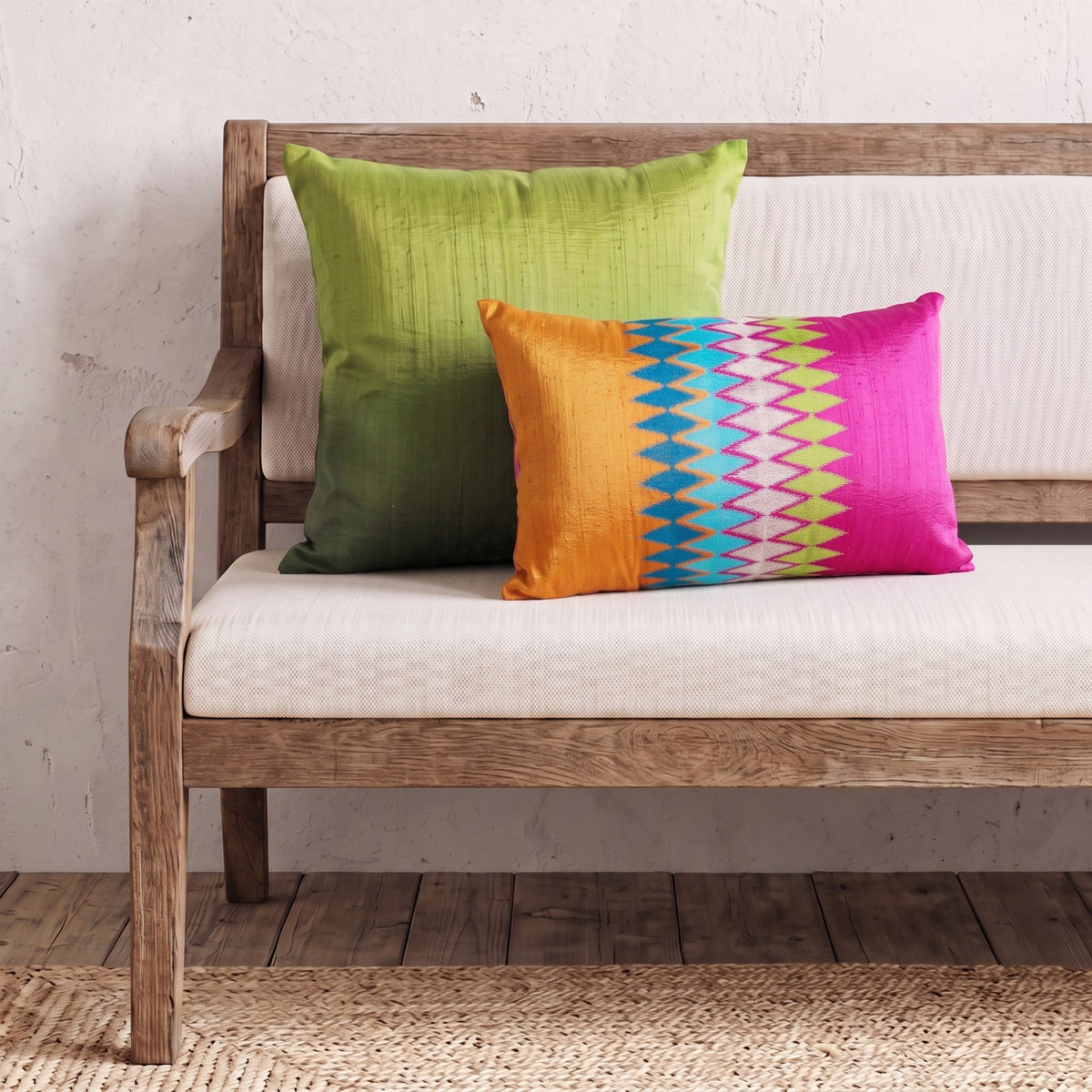 Ikat Hot Pink & Orange Silk Dupion Cushion Cover – Multicolour Chevron Embroidery | 4 Sizes