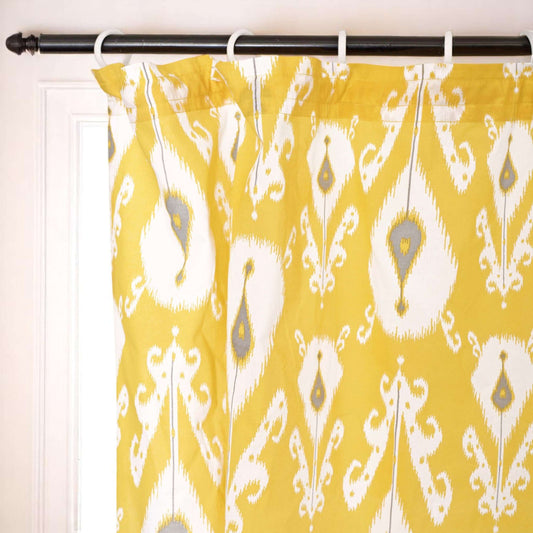 Yellow Ikat Sheer Curtain Panel | Block Print Cotton Voile | 2 Sizes | 4 Hanging Styles