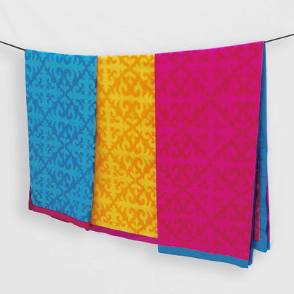 Shyrdak Hot Pink Cotton Tablecloth – Tone-on-Tone Scroll Print with Turquoise Border | 2 Sizes