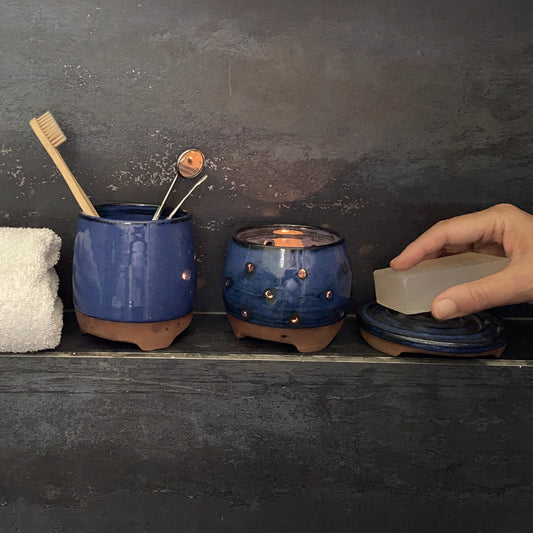 Serenity Handcrafted Stoneware Shower Set Blue Bath Trio