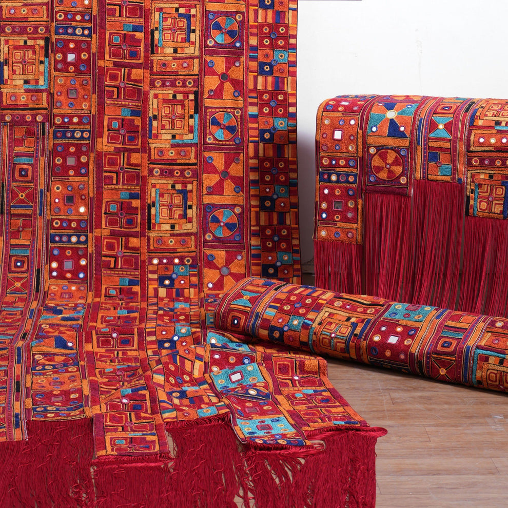 BANJARA embroidered wall art with fringes, handmade, jewel tones, 108X180 inches, sizes available