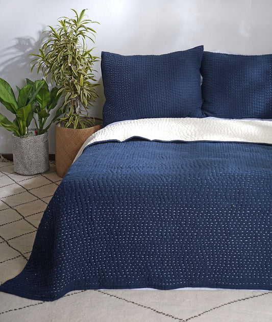 Indigo Blue Kantha quilt set, hand quilted 4 layer muslin gauze with cotton wadding, sizes available