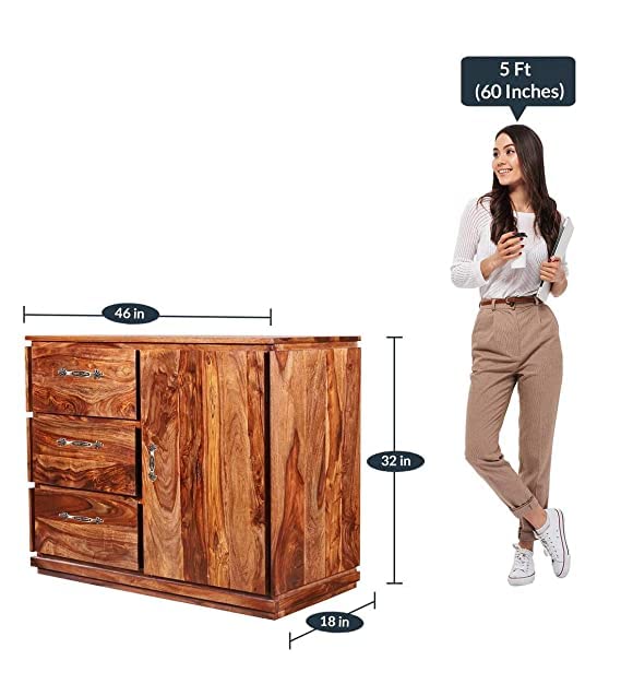 Wooden Sideboard Cabinet for Living Room | Kitchen Storage Side Board with 3 Drawers & Cabinet | Sheesham Wood (Honey Finish)
