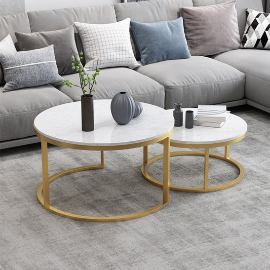 Stylish Nordic Marble Top Nesting Tables Set, Gold Metal Base